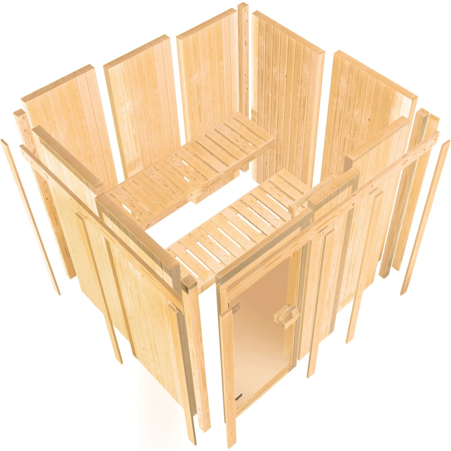 Woodfeeling Sauna Faurin im Aufbau: Massivholz, Glastür, Bänke. Sauna für Zuhause.