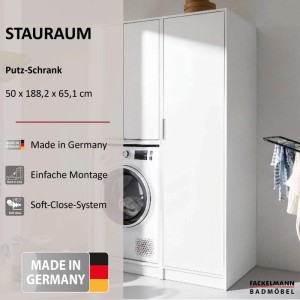 Weißer Fackelmann Putzschrank (50x188,2x65,1 cm) mit einer Tür und vier Böden für Bad oder Hauswirtschaftsraum.