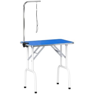 PawHut Hundetrimmtisch, blau, mit rutschfester Gummiplatte, Edelstahlrahmen und verstellbarem Arm für Fellpflege.