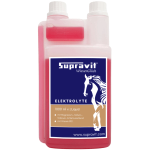 Rote Supravit Elektrolyte Liquid für Pferde in transparenter Dosierflasche, 1000 ml, mit Pferdekopf-Logo.