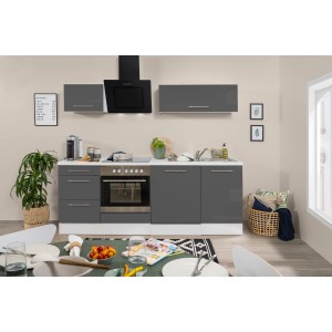 Respekta Premium Küchenzeile, 220 cm, grau hochglanz mit weißen Elementen, inklusive E-Geräte.