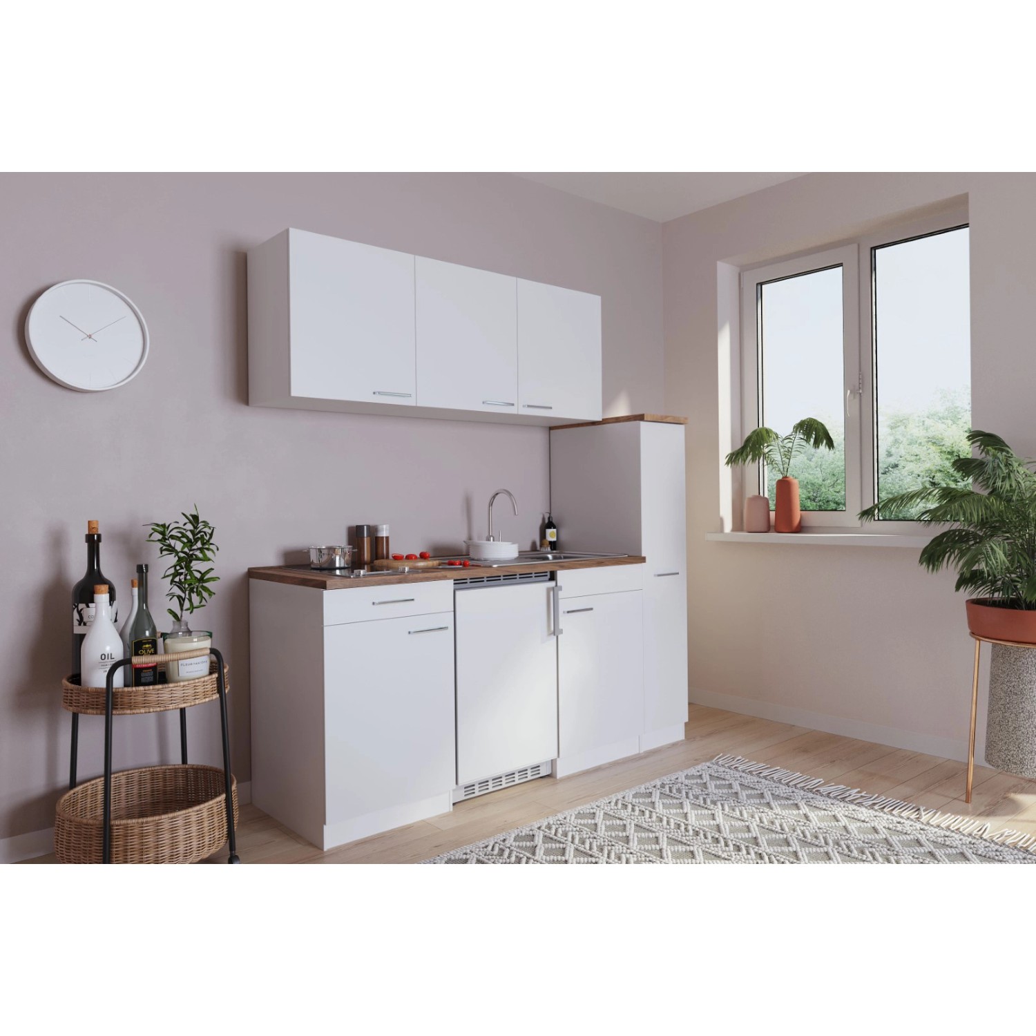 Respekta Economy Küchenzeile KB180WWC, 180 cm, Weiß mit Glaskeramikkochfeld und Kühlschrank.