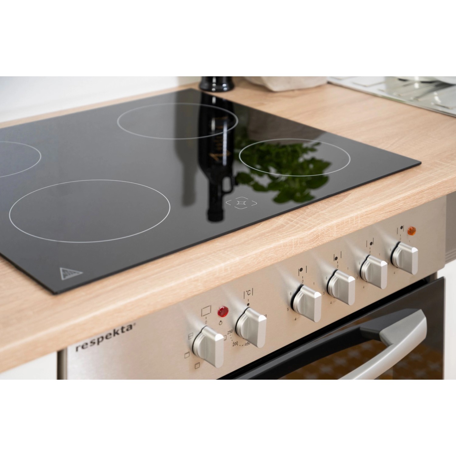 Respekta Herd-Set mit Glaskeramikkochfeld in Küchenzeile KB300ESSC, Schwarz-Eiche Sägerau