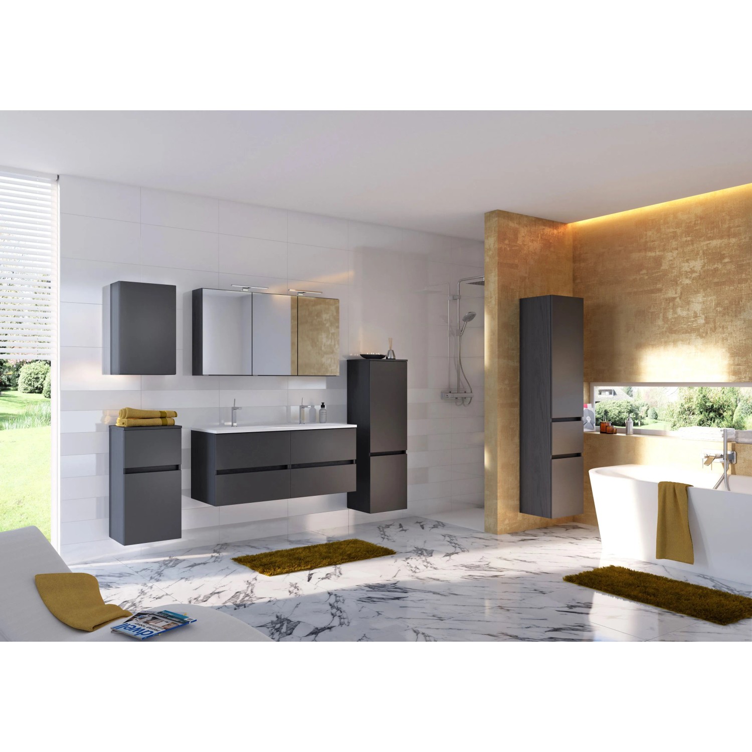 Badezimmer-Szene mit Held Möbel Bad-Hängeschrank Verona, 40 cm, matt Weiß. Moderner Bad-Hängeschrank.