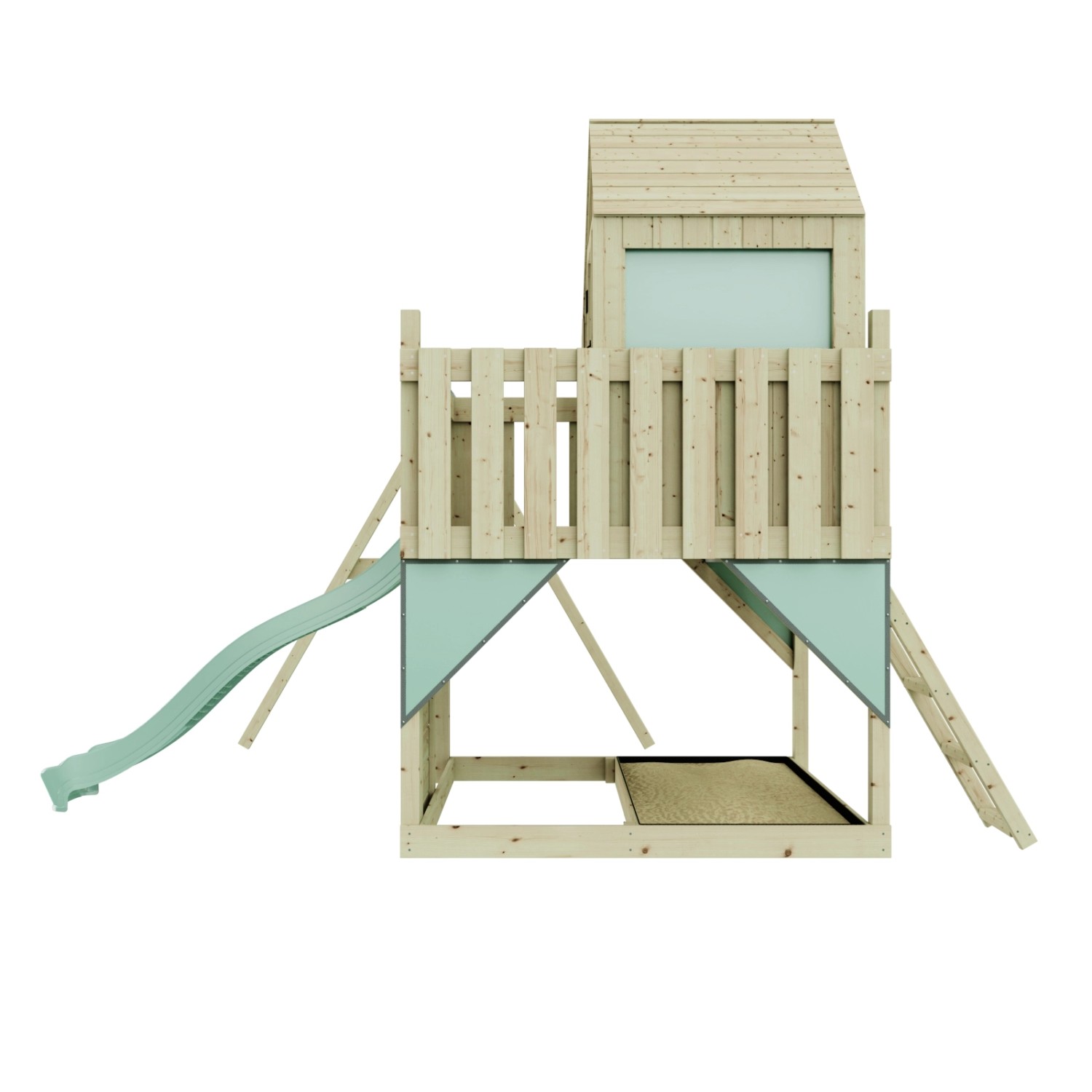 Kinderspielturm mit Rutsche und Schaukel in Mintgrün, aus unbehandeltem Holz.