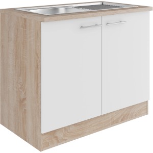 Optifit Spülenunterschrank Dakar286, 100 cm, Weiß Seidenglanz mit Arbeitsplatte in Eiche hell sägerau.