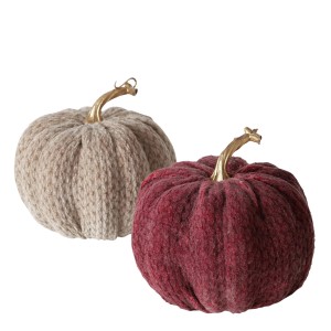 Boltze Deko-Aufsteller Labu, 2er-Set Kürbisse in Rot und Beige mit goldenen Stielen.