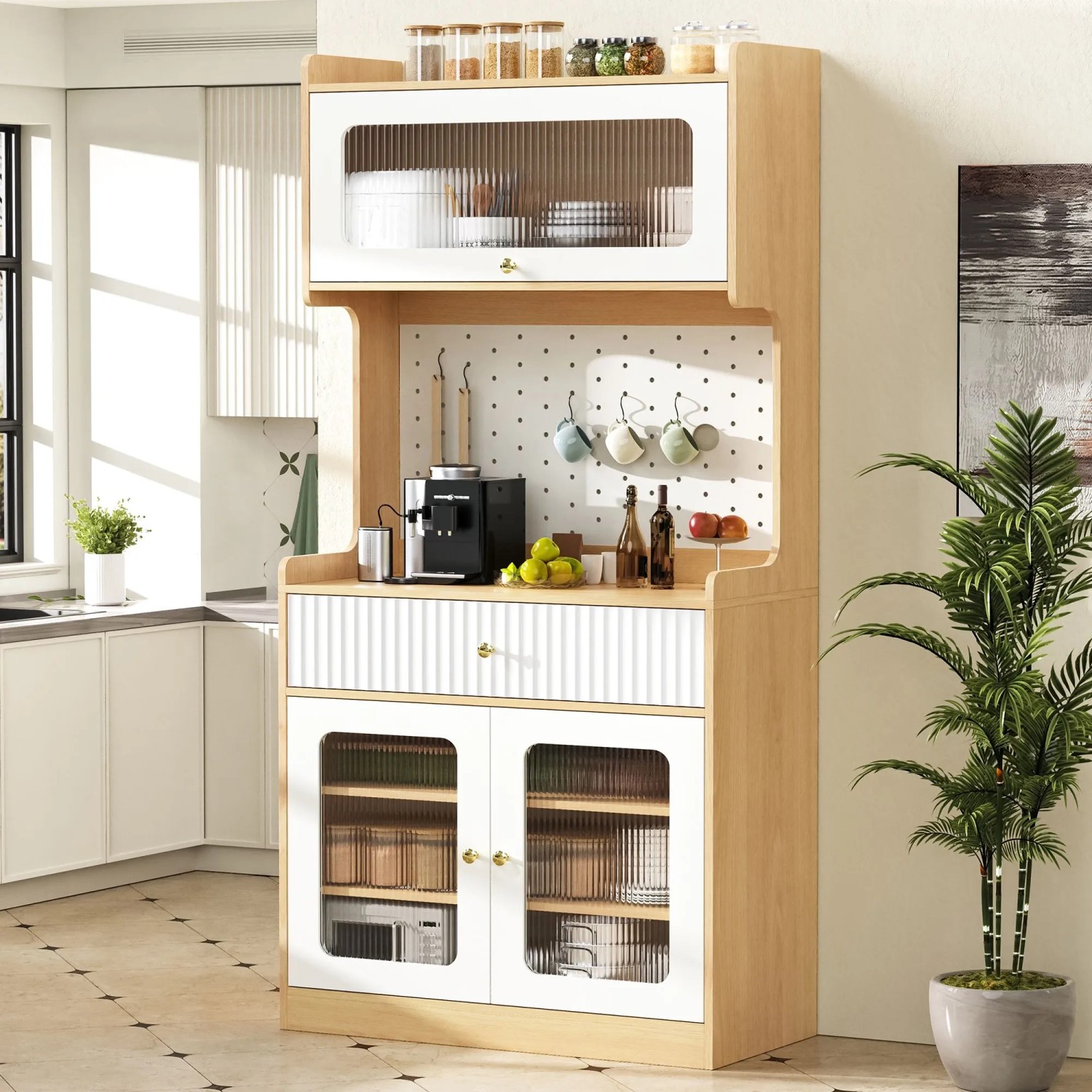 okwish Highboard mit LED Beleuchtung Riffelglas Küche 80x40x180cm Natur kaufen bei OBI