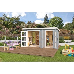 Lichtgraues Lasita Holz-Gartenhaus Zambezi XL mit geöffneten Türen und Spielzeug im Garten.