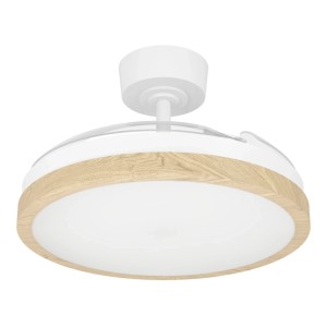 Eglo LED-Deckenventilator Malpica mit Holz-Optik, Ø 98cm, weiße Lampe mit transparenten, einklappbaren Flügeln.