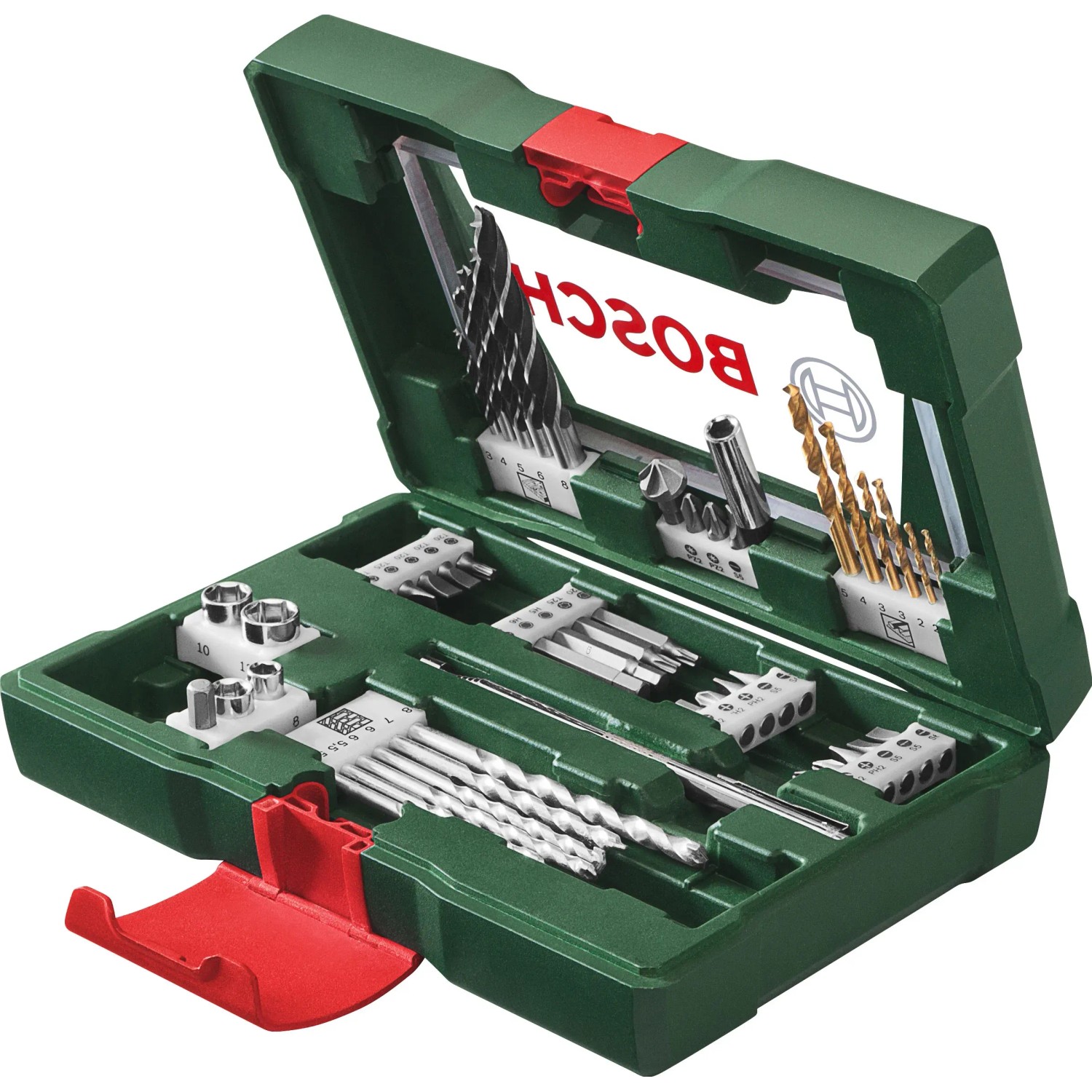 Bosch V-Line 48-teiliges Bohrer- und Bit-Set mit Magnetstab im grünen Koffer.