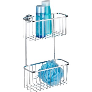 Wenko Power-Loc Wandregal Bovino mit 2 Etagen aus Edelstahl, befüllt mit Badutensilien.