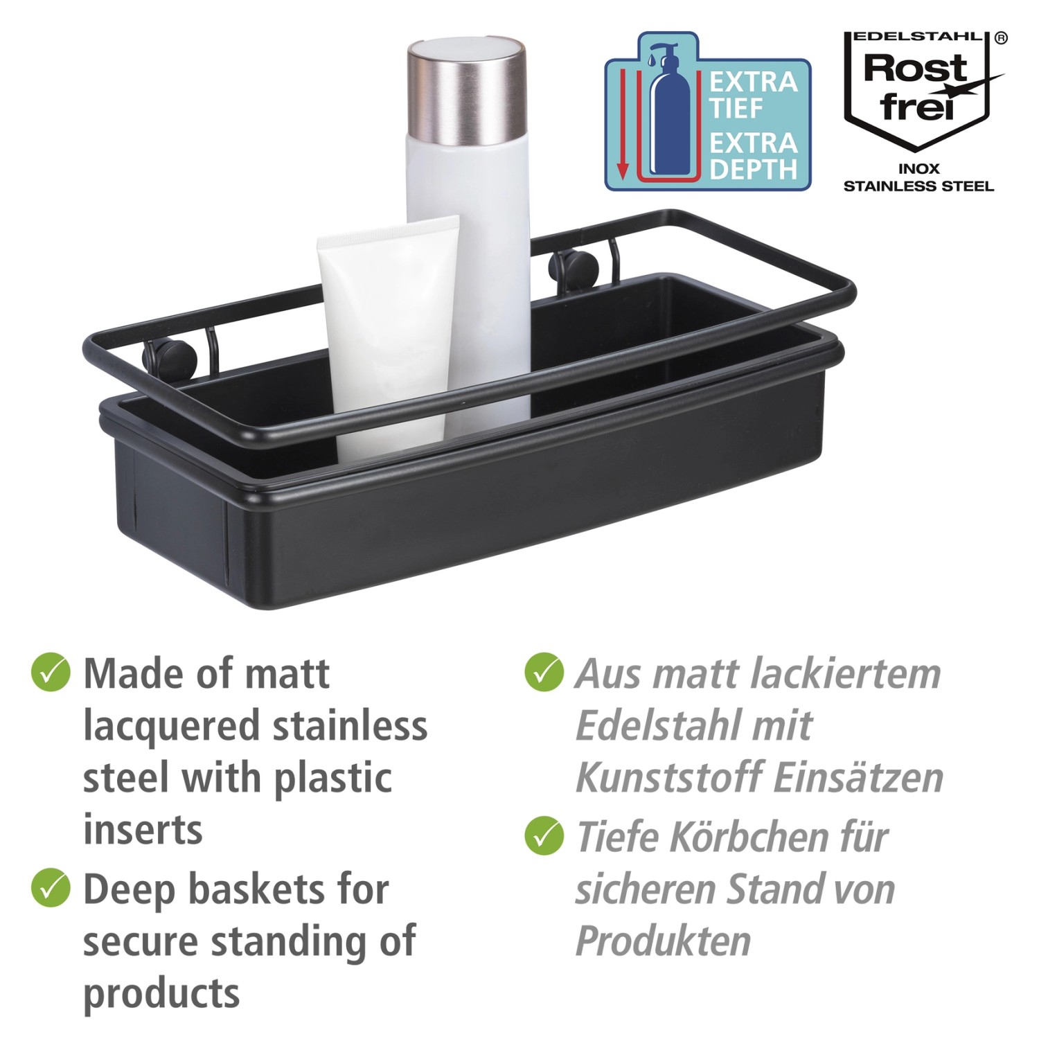 Schwarze WENKO Wandablage Molinella aus Edelstahl, mit Badartikeln. Ideal für Bad & Dusche.