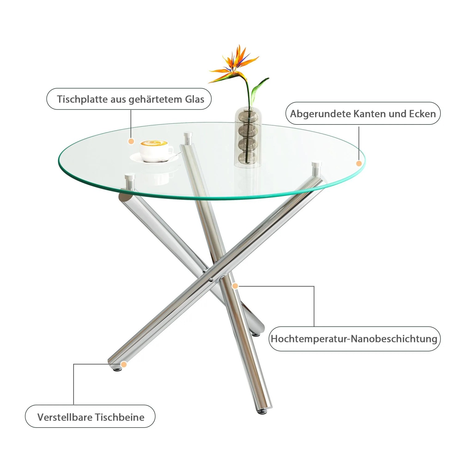 okwish Esstisch mit Glas Metall Wohnzimmer Rundtisch 80x80x76cm Silberfarben_6