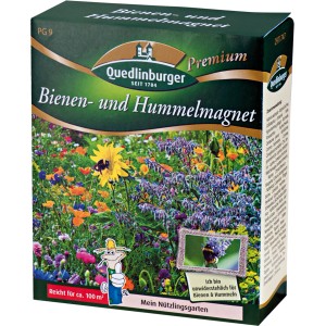 Quedlinburger Bienen- und Hummelmagnet Saatgut, 100g Packung mit blühender Blumenwiese.