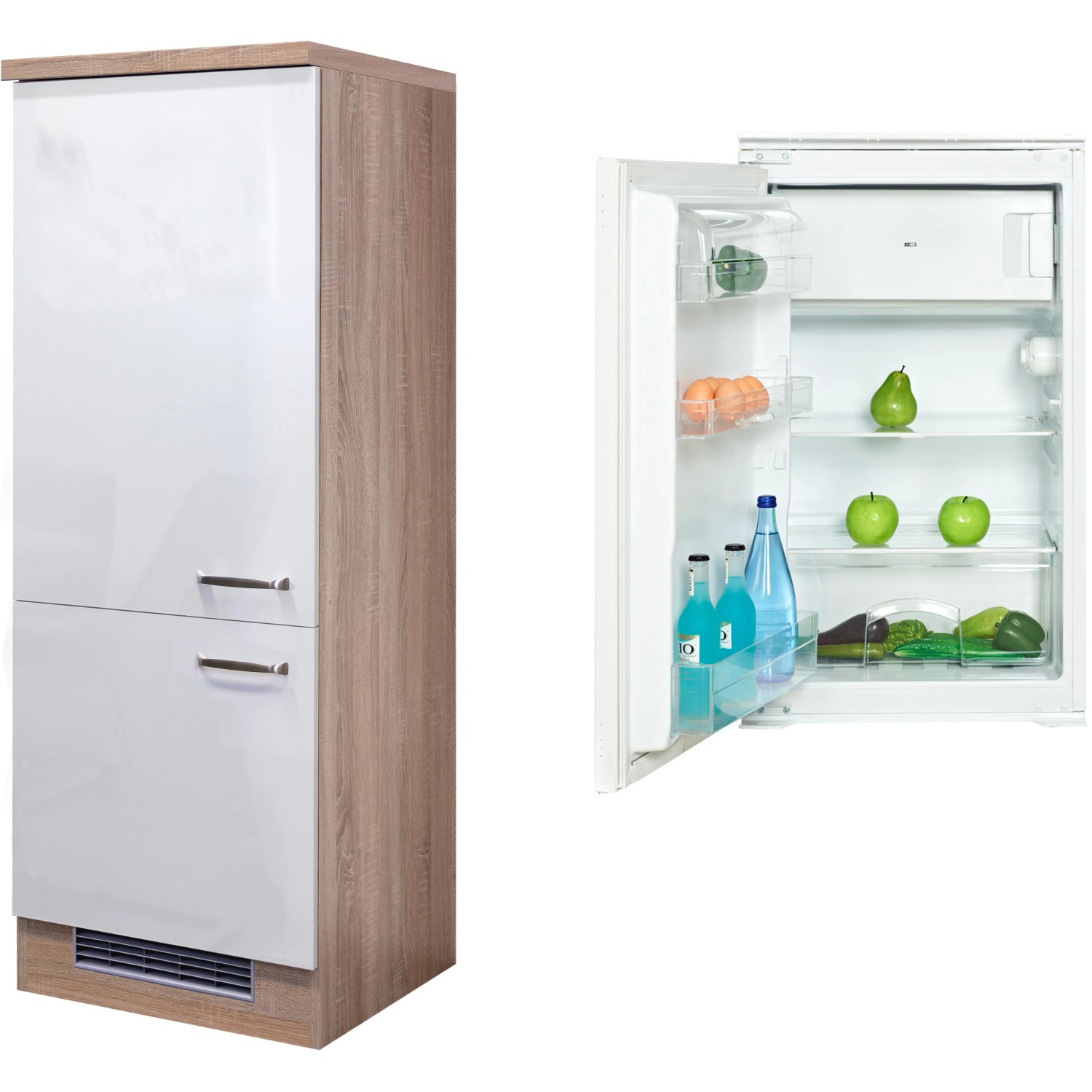 Flex-Well Kühlschrank-Umbau Valero mit PKM KS 120.4A+ EB Einbaukühlschrank, Front Weiß Hochglanz, Korpus Sonoma Eiche