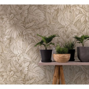 Beige Vliestapete Botanica Floral von Marburg mit Pflanzenmuster für Wohnräume.