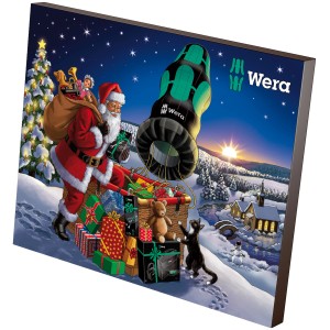 Wera Werkzeug Adventskalender 2020 mit Weihnachtsmann, Geschenken und Werkzeug-Motiven.