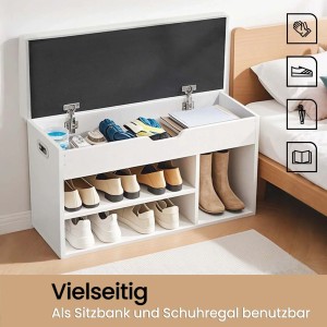 Weiße Songmics Schuhbank Custos mit Kissen und 3 Fächern zur Schuhaufbewahrung.