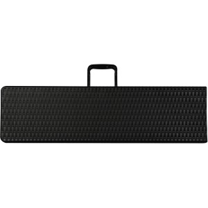 Zusammengeklappte, schwarze Klappbank in Polyrattan-Optik mit Tragegriff.