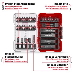 Einhell Impact Bit Set, 35-teilig, mit Bits, Stecknüssen und Adapter im roten Koffer.