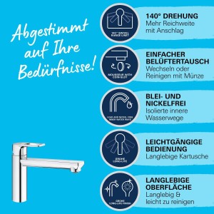 Grohe QuickFix Start Loop Spültischarmatur, Chrom, mit mittelhohem Auslauf und Loop-Hebel.