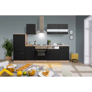 Respekta Küchenzeile KB280ESS, 280 cm, Schwarz und Eiche Sägerau Nachbildung mit E-Geräten.