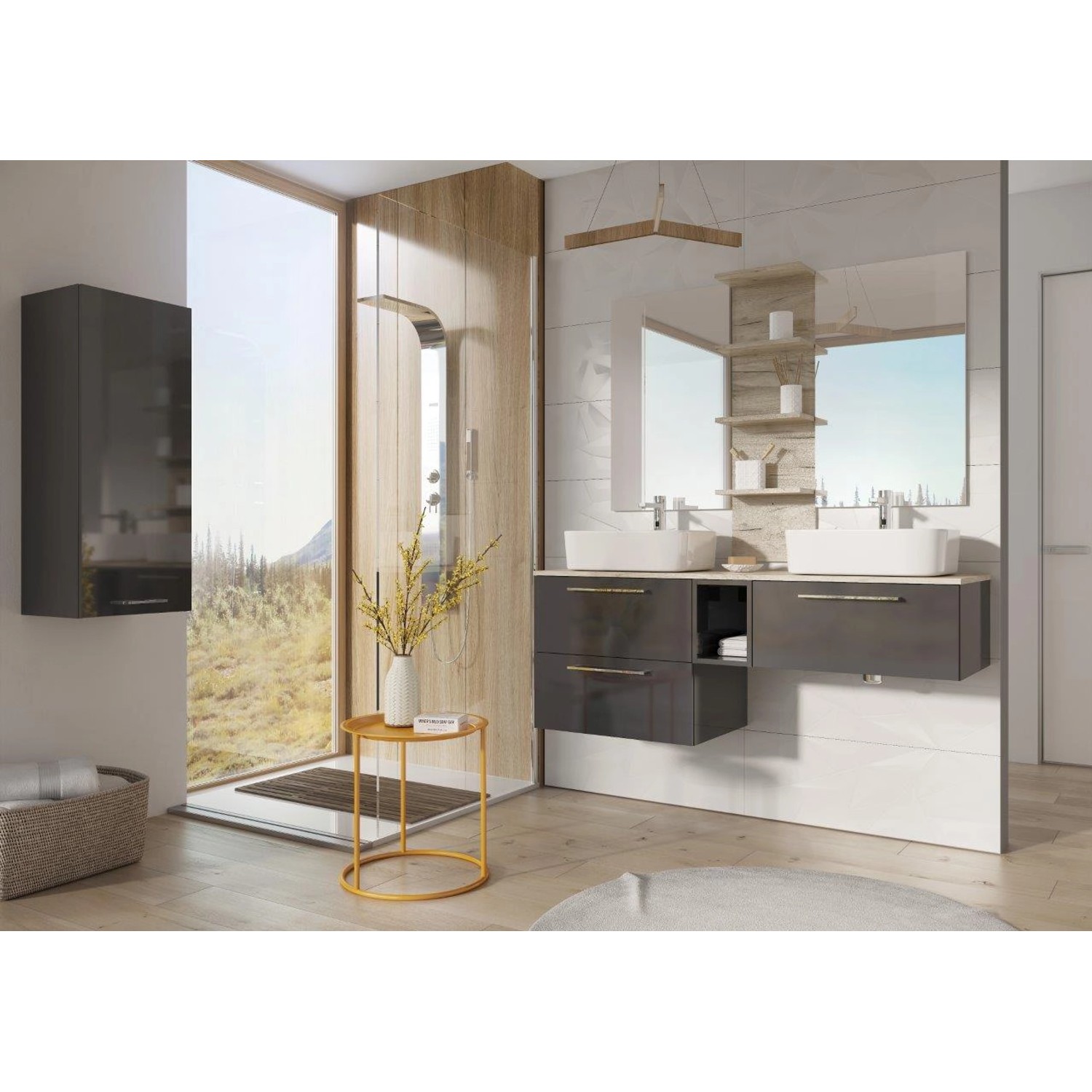 Maximus Waschbeckenunterschrank Stylo Anthrazit, 60 cm, mit Softclose im modernen Badezimmer.