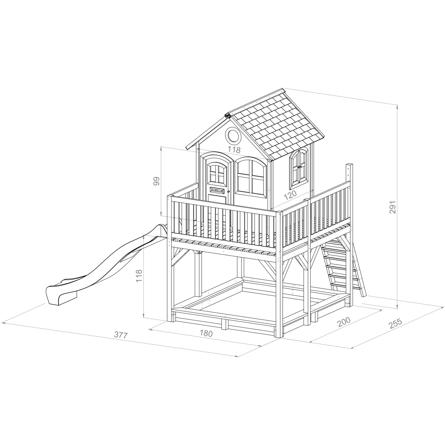 Axi Liam Spielhaus mit Rutsche, Sandkasten und Leiter. Braun, Grün und Weiß. Ideal für Kinder zum Spielen im Garten.