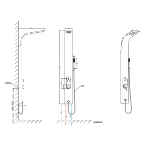 Technische Zeichnung Duschsystem Florence Edelstahl, Maße und Details der Duschsäule.