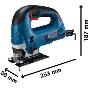 Bosch Professional Stichsäge GST 90 BE im Handwerkerkoffer, blau/schwarz, mit Maßangaben.