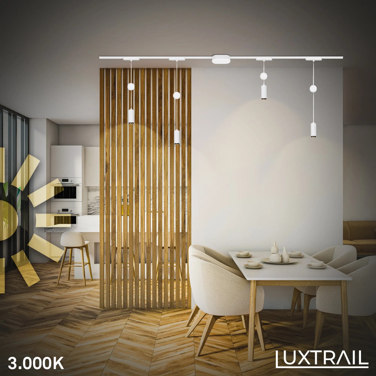 Weiße Brilo Luxtrail Pendelleuchten an einem Schienensystem über einem Esstisch.