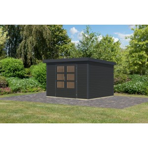 Anthrazitfarbenes Karibu Gartenhaus Diego 5 C mit Doppeltür und Fenster im Garten.