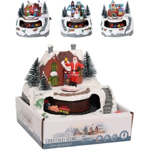 Winterlandschaft Deko mit LED, Haus, Zug und Figuren, 3-fach sortiert.