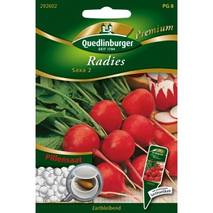 Quedlinburger Radieschen Saxa 2 Pillensaat Packung mit roten Radieschen und Pillensaat-Detail.