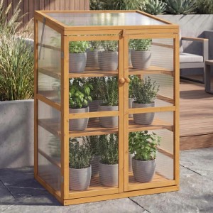 Naturfarbenes MCW Gewächshaus Q13 aus Holz mit Pflanzen in Töpfen, 110x76x57cm.