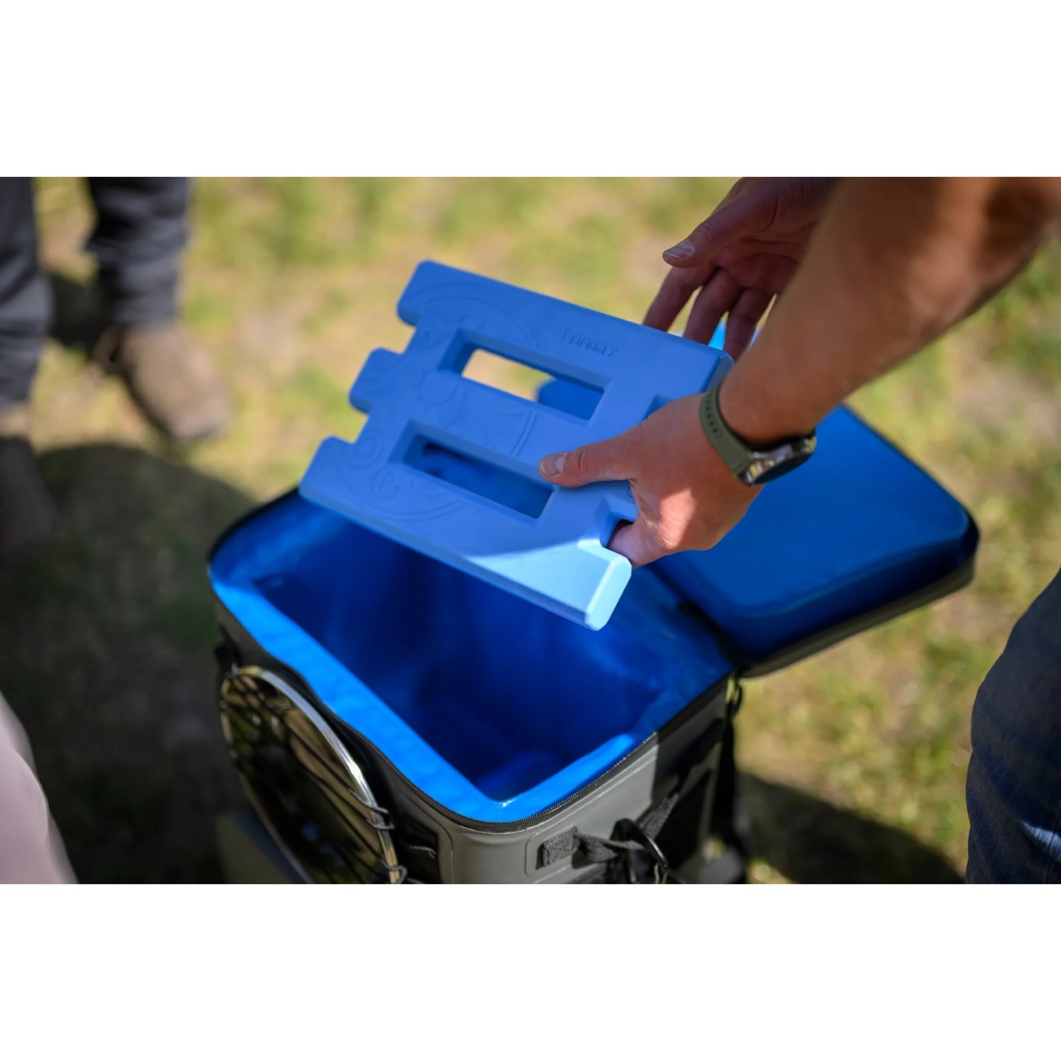 Blauer Petromax Kühlakku 210mm wird in eine Kühlbox gelegt.