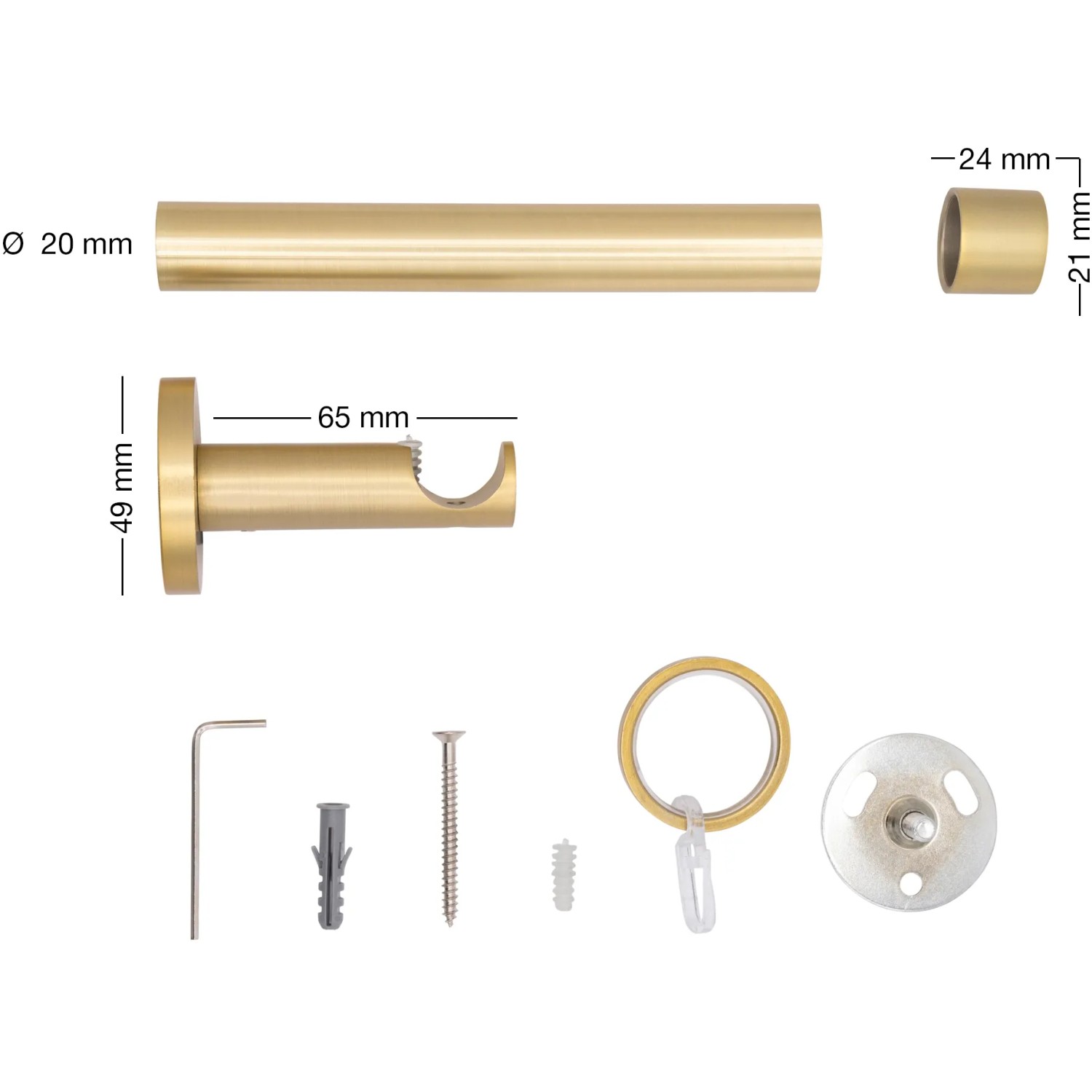 Mydeco Gardinenstange Messing, 120cm, mit Endstück Cap, Träger, Ringe und Zubehör für Stil- & Seilspanngarnituren.