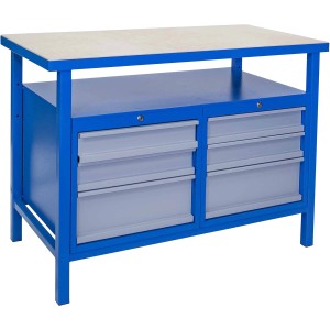 Güde Werkbank P 1200 SS in Grau-Blau mit Schubladen und Spanplatte. Stabile Werkbank für Werkstatt und Hobby.