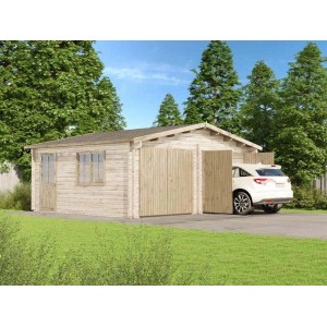 Alpholz Doppelgarage D-44 ISO Fichte Natur mit Auto. Holzgarage mit Doppeltor und Tür.