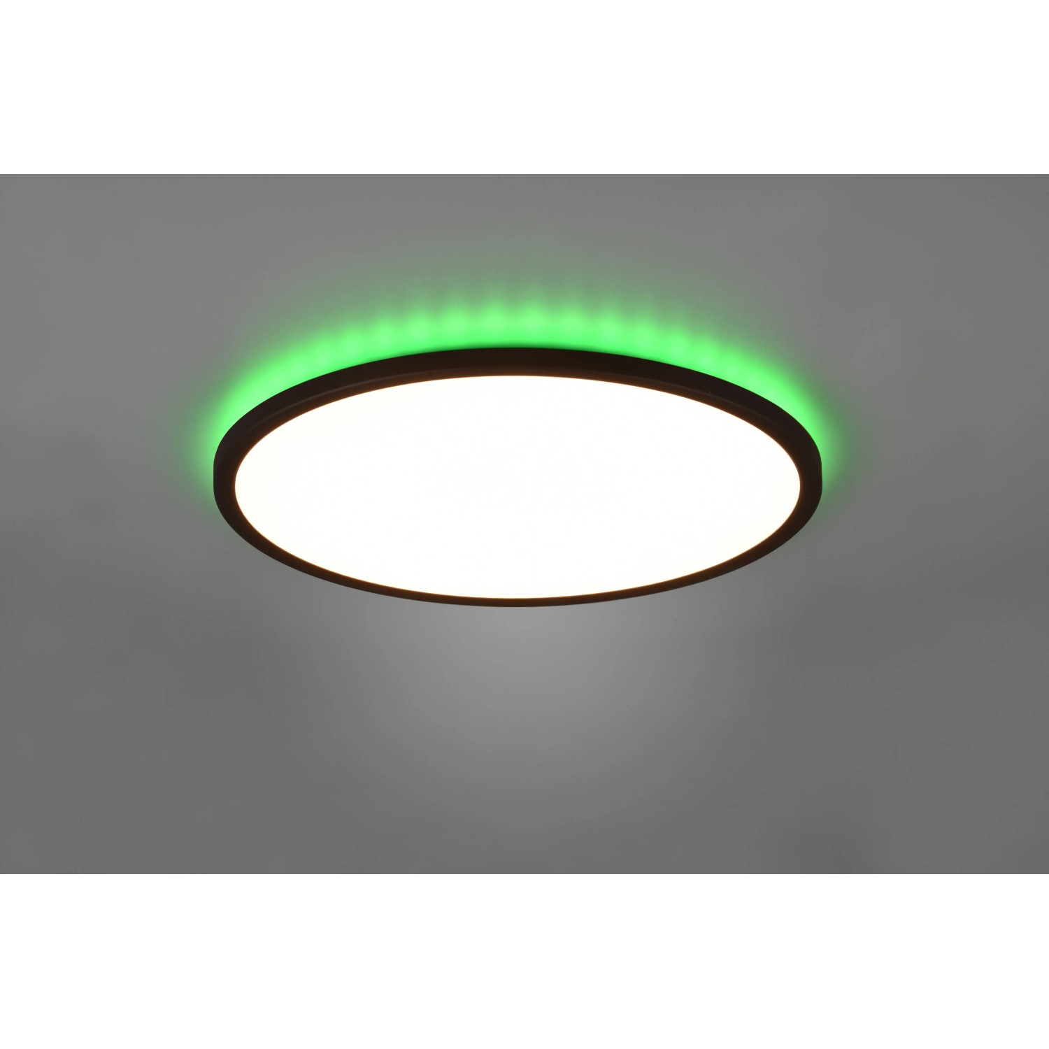 Schwarze, runde Reality LED-Deckenleuchte Aureo mit RGB-Hintergrundbeleuchtung, Ø 40 cm.