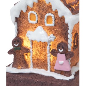 Beleuchtetes LED-Weihnachtsdorf Lebkuchenhaus mit Figuren, festliche Weihnachtsdekoration.
