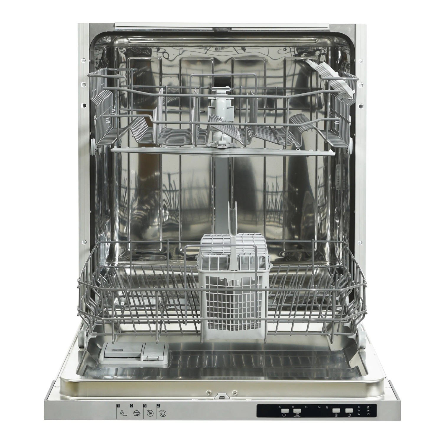 Offener, vollintegrierter Geschirrspüler der Flex-Well Classic Küchenzeile Wito, Innenraum leer.