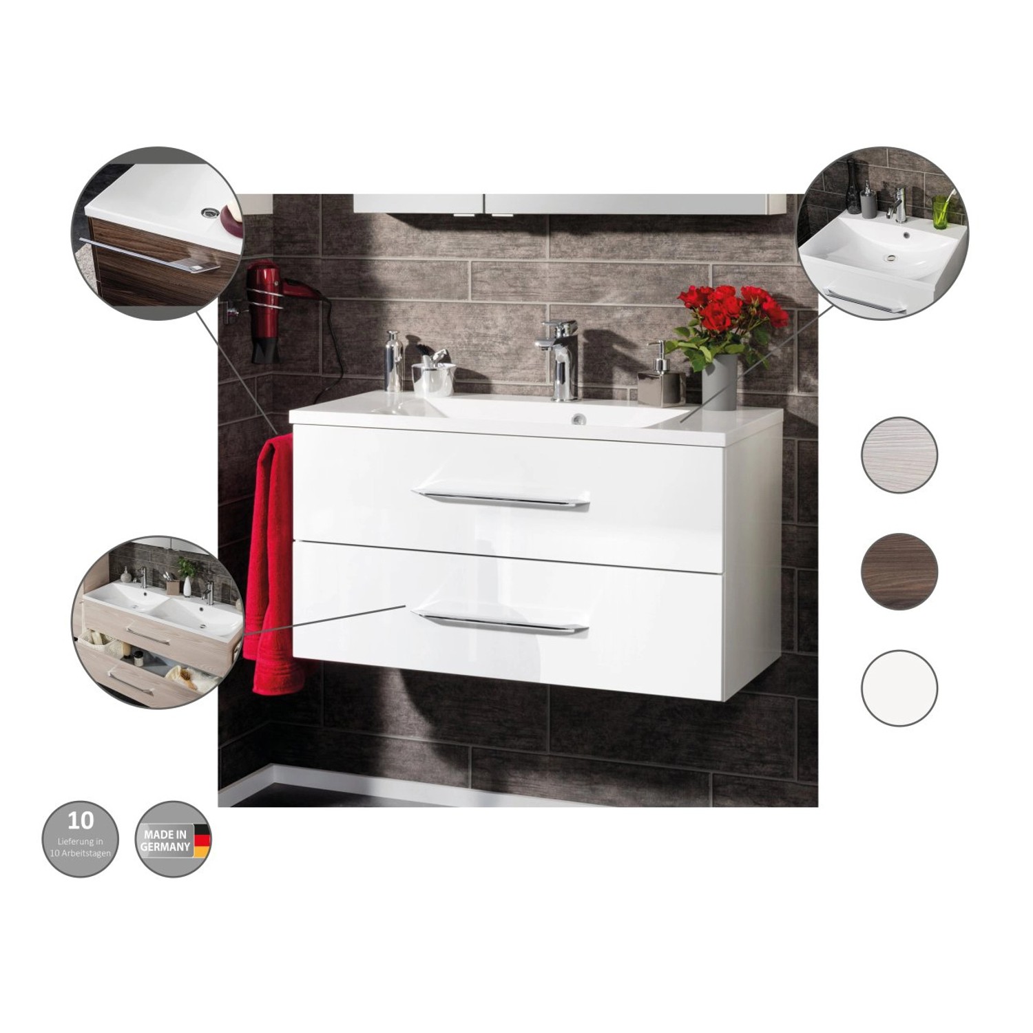 Fackelmann Doppelwaschtisch B.clever 120 cm Esche, weißes Waschbecken, zwei Schubladen mit Chromgriffen.