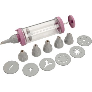 Zenker Garnierspritze mit 6 Tüllen und Aufsätzen, transparent, grau und rosa.