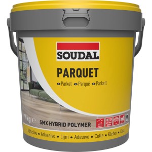 Eimer Soudal MS-Polymer Parkettklebstoff 73A, 7 kg, lösemittelfrei und elastisch.