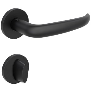 Schwarze Rosettengarnitur Saturn WC für Innentüren. Moderner Türdrücker mit flacher Rosette und WC-Verriegelung.