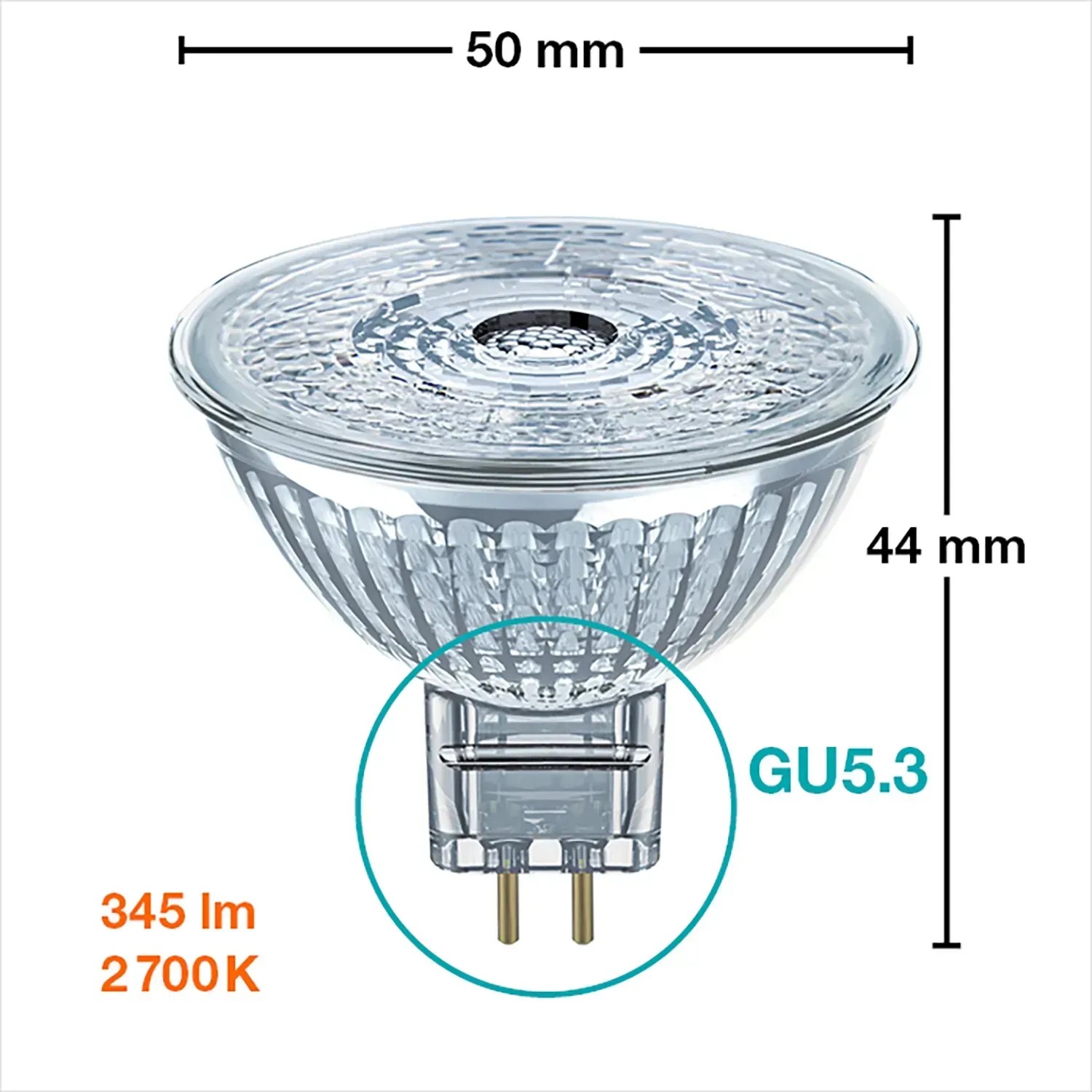 Osram LED-Leuchtmittel GU5.3, 3,8W, Warmweiß, 2er Set, mit Maßangaben.