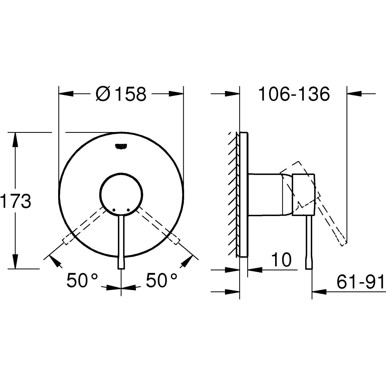 Technische Zeichnung: Grohe Essence Einhand-Brausebatterie, Unterputzmontage, Maße und Winkelangaben.
