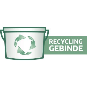 Eimer Alpinaweiß Wandfarbe mit Recycling-Symbol und Hinweis "Recycling Gebinde".